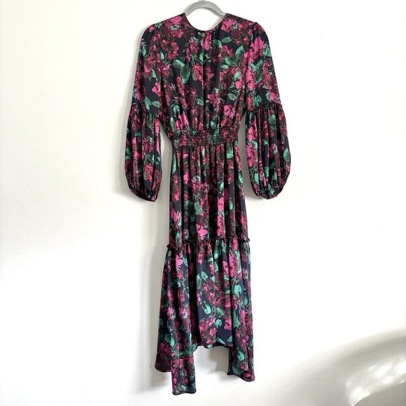 NEW MISA Los Angeles Simone Black and Pink Floral Satin Midi Dress Women’s Small - Picture 2 of 12